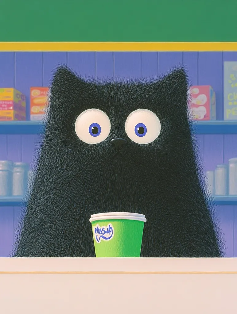 A fluffy black cat with large, expressive blue eyes sits at a counter in a small shop.  A lime green cup with a logo reading "Masha" sits in front of it. Shelves stocked with various items are visible in the background. The overall style is cartoonish and whimsical. The cat appears to be patiently waiting or observing something.