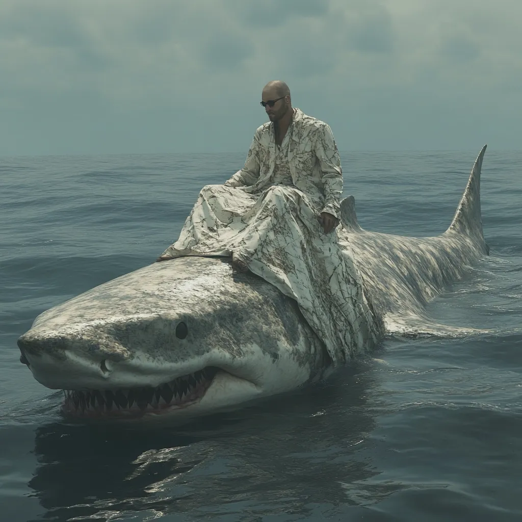 A bald man in sunglasses sits atop a large shark in the ocean.  He's dressed in a long, light-colored robe with a pattern. The shark is mostly submerged, only its dorsal fin and head visible above the water. The scene is moody, with a calm but ominous atmosphere. The overall impression is surreal and slightly unsettling.
