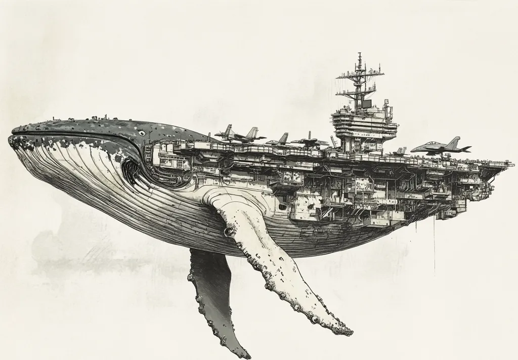 A detailed monochrome illustration depicts a colossal whale, its interior intricately designed to resemble an aircraft carrier.  Multiple fighter jets are positioned on the carrier's deck. The artwork masterfully blends organic and mechanical elements, creating a surreal and striking image. The whale's anatomy is meticulously rendered, contrasting with the precise engineering details of the ship within. The style suggests a blend of steampunk and biological themes.