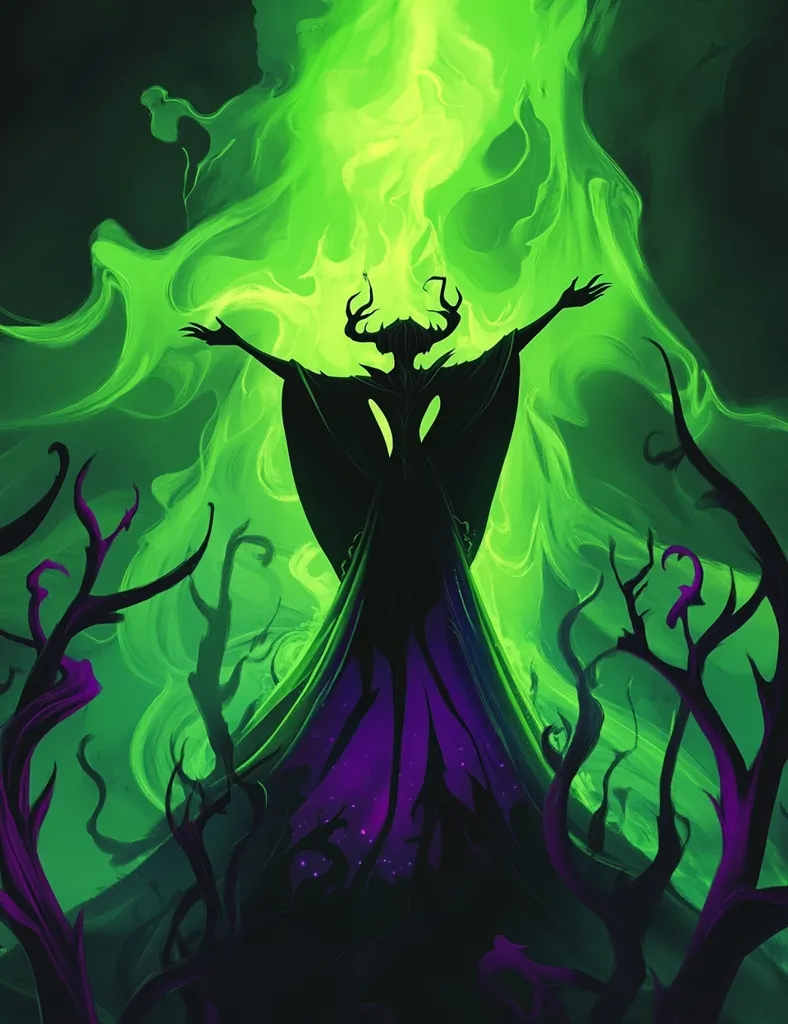 A silhouetted figure, possibly a sorceress or witch, stands with arms outstretched against a vibrant, swirling backdrop of luminous green energy.  She wears a long robe, and her horns are visible against the bright light.  Twisted, dark branches frame the figure, creating a mystical and ominous atmosphere. The overall effect is one of dark fantasy and powerful magic.