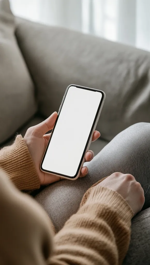 Close-up view of a person relaxing on a couch, holding a smartphone with a blank white screen.  The individual is wearing a light brown knit sweater and grey pants. The phone is held gently in one hand, while the other rests on their leg. The background is blurred, showcasing a soft, neutral-toned living room setting. The overall mood is calm and serene.