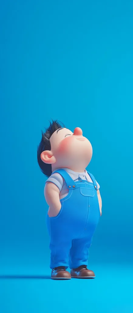 A charming 3D-rendered cartoon boy, with dark hair and rosy cheeks, gazes upward. He's dressed in light blue overalls and brown shoes, his hands casually in his pockets. The backdrop is a vibrant solid blue, enhancing the character's playful demeanor and emphasizing the clean, simple aesthetic.  The overall style is cute and expressive.