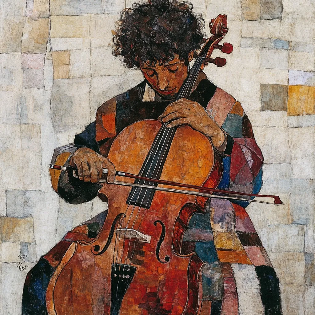 A young cellist, with dark curly hair, is depicted in a painting.  The artist employs a cubist style, fracturing the figure and background into multicolored geometric shapes.  The cellist's hands delicately hold the bow, their focus intently on the instrument. The warm tones of the cello contrast against the cooler hues of the background, creating a visually rich and textured composition.