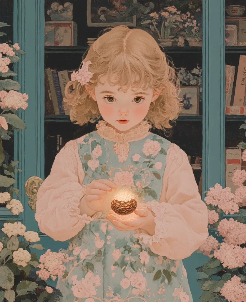 A young girl with blonde, curly hair, dressed in a pale pink and teal floral dress, stands before a teal bookcase.  She holds a glowing pinecone in her hands.  Pink flowers frame her on either side, creating a soft, dreamlike atmosphere.  The overall style is reminiscent of children's book illustration, with soft colors and delicate details.