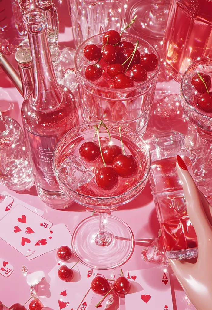 A pink-toned still life features crystal glasses filled with cherries and a cocktail.  Bottles of pink liquid, playing cards, and a hand holding a perfume bottle add to the glamorous, aesthetically pleasing arrangement.  The scene is bathed in a soft, sparkling light, emphasizing the pink and red hues.  The overall impression is one of luxurious indulgence and playful sophistication.