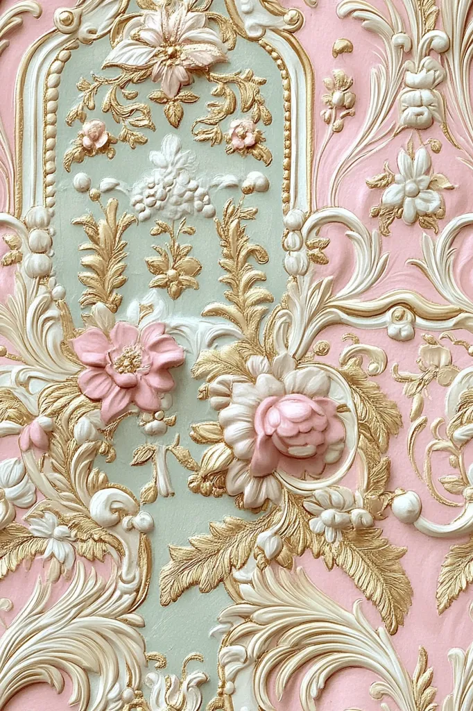 Intricate embossed wallpaper in pastel pink and mint green features a Baroque-style design.  Gold accents highlight the ornate flourishes and sculpted flowers. The relief texture creates depth and dimension, lending a luxurious, almost three-dimensional effect. The pattern is symmetrical and repeating, suitable for a grand or feminine interior design.