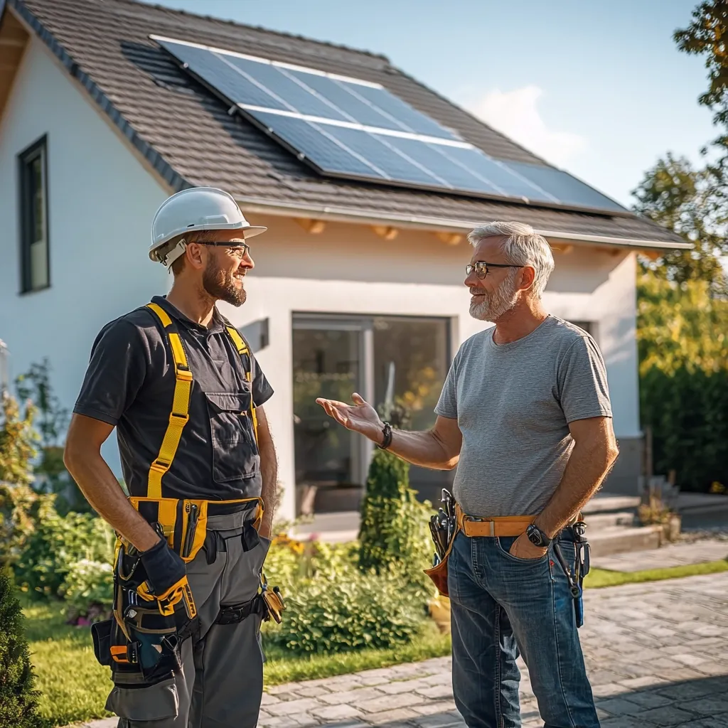 A solar panel installer, wearing a hard hat and tool belt, discusses the installation with a homeowner in front of a newly installed solar panel system on the house roof.  The homeowner is casually dressed, and both men appear to be engaged in a friendly conversation about the completed project.  The sunny setting highlights the clean energy solution.