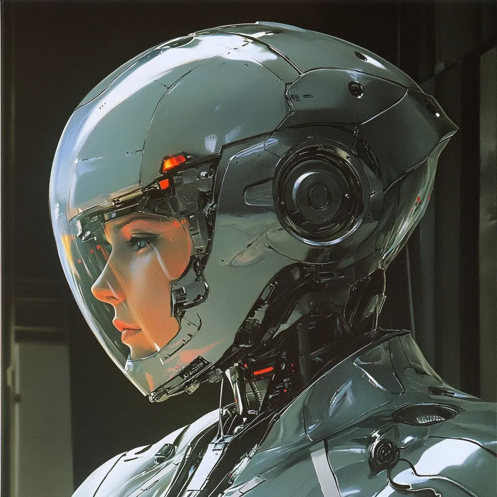 A close-up profile view of a futuristic cyborg, possibly female, wearing a sleek, metallic helmet with a transparent visor.  The helmet's design is intricate, showcasing technological details and glowing red accents. The cyborg's face, visible through the visor, has a serene expression. The overall aesthetic is highly detailed and suggests a blend of human and machine.  The image is dark and moody, with a focus on the cyborg's helmet and neck.