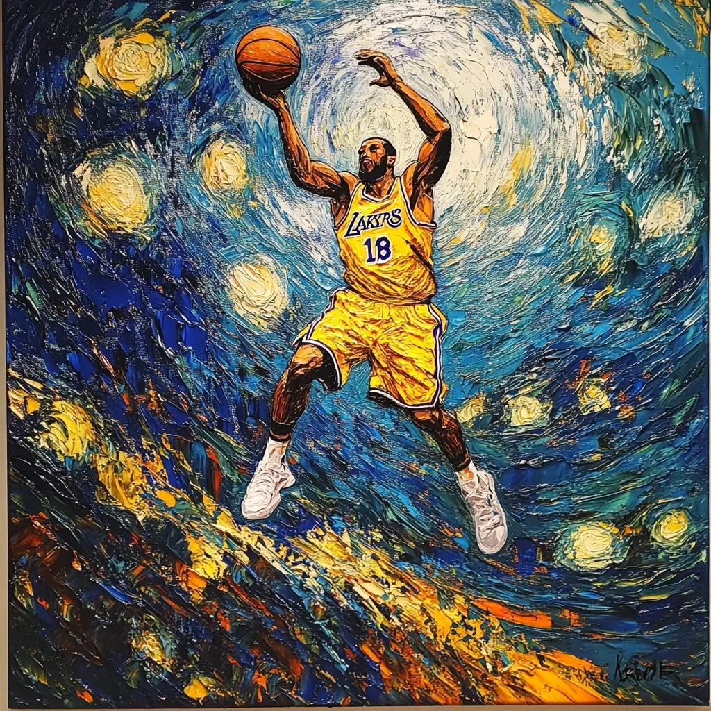 A vibrant, impasto-style painting depicts a Los Angeles Lakers basketball player, number 18, in mid-air, shooting a basketball.  The artwork is rendered in swirling blues and yellows, reminiscent of Van Gogh's "Starry Night," creating a dynamic and expressive scene.  The player's form and the energetic brushstrokes convey both athleticism and artistic flair.