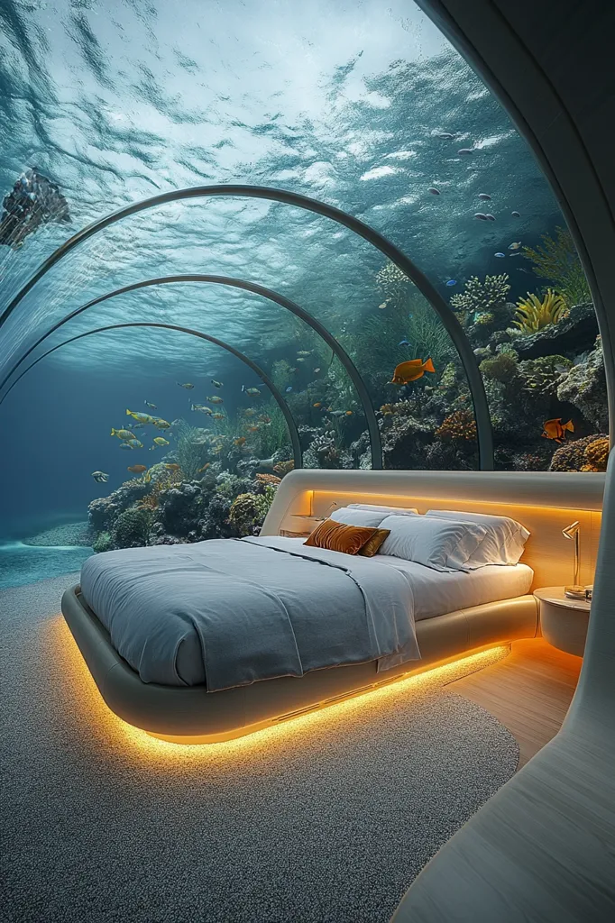 A luxurious bedroom features a curved, glass-walled enclosure offering breathtaking underwater views.  Vibrant coral reefs and colorful fish swim just beyond the bed, creating a surreal and tranquil atmosphere.  Soft, ambient lighting illuminates the bed and the room's modern, minimalist design.  The overall effect is one of exquisite serenity and unique underwater luxury.