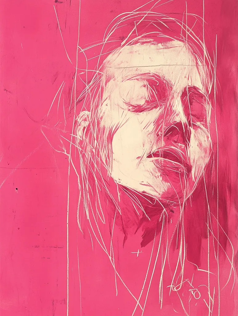 A stylized portrait of a woman's face dominates a vibrant pink canvas.  Rendered in off-white, the face is partially obscured by gestural white lines suggesting hair and movement. The eyes are closed, conveying a sense of serenity or introspection. The overall style is expressive and abstract, prioritizing emotion and texture over precise realism.  The background's bold color creates a striking contrast with the pale figure.