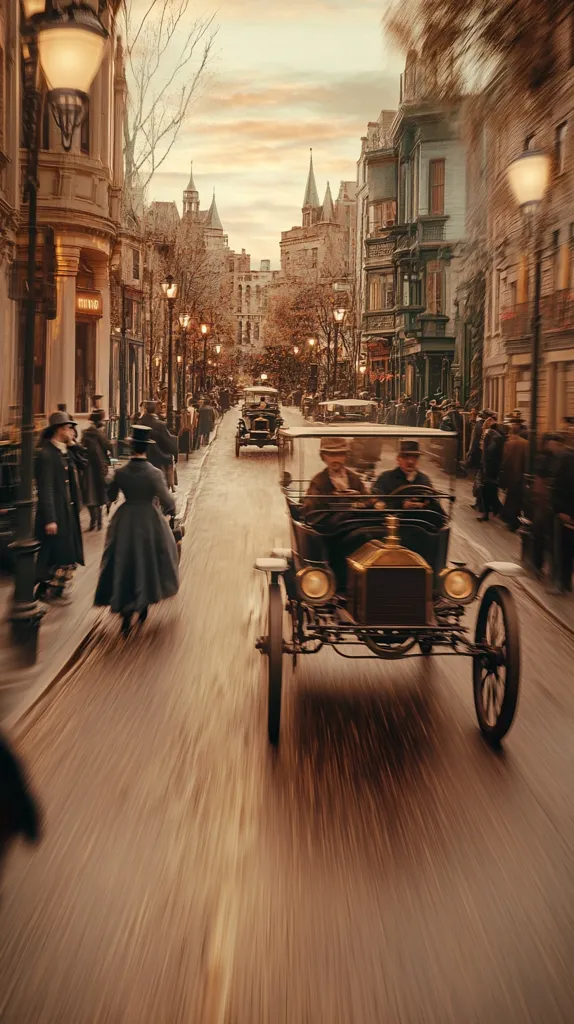 A vintage photograph depicts a bustling city street scene at dusk.  Elegant antique cars, including a Model T Ford, traverse a cobblestone road lined with period buildings.  Pedestrians in period clothing stroll along the sidewalks, creating a sense of a bygone era.  The warm lighting and motion blur enhance the nostalgic atmosphere.
