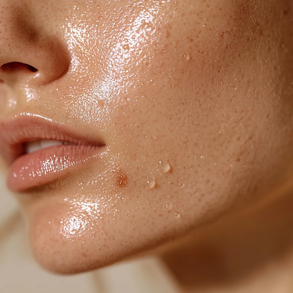 Close-up of a woman's face, showcasing dewy, hydrated skin with small water droplets.  The skin is light-toned with freckles visible.  Her lips are full and slightly parted, revealing a natural lip color. The overall impression is one of health and natural beauty.