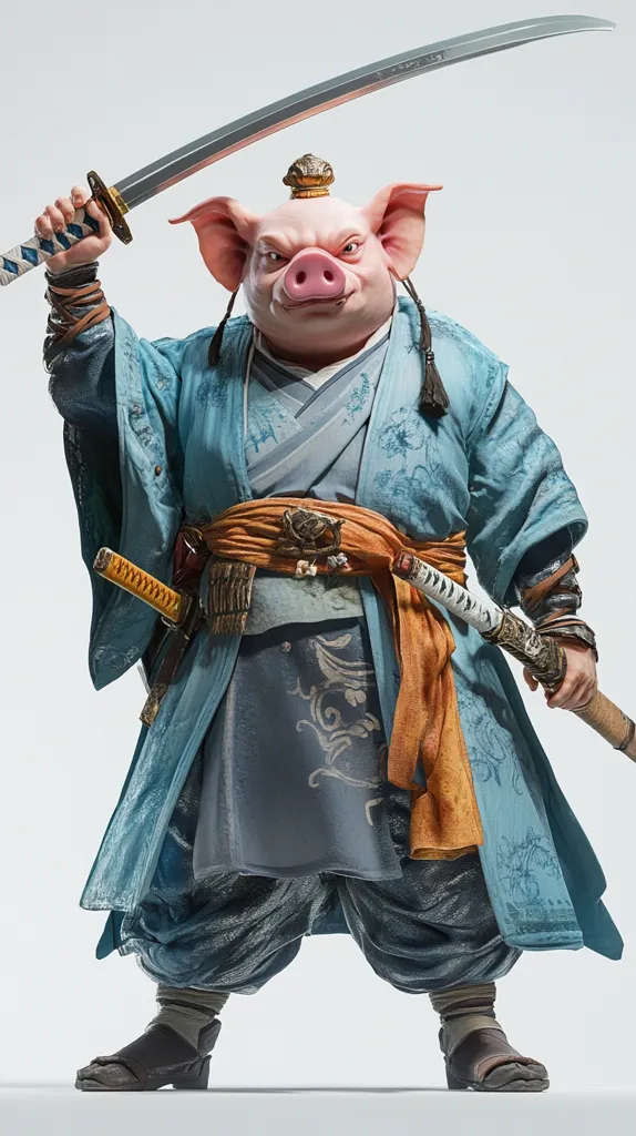 A pig-headed warrior, adorned in a flowing teal robe and orange sash, wields a katana with a determined expression.  He wears traditional Japanese sandals and carries a second sword at his hip.  The figure's detailed design suggests a blend of fantasy and historical influences, possibly from East Asian mythology or folklore.  His crown-like headpiece adds to his regal, yet fierce, appearance.