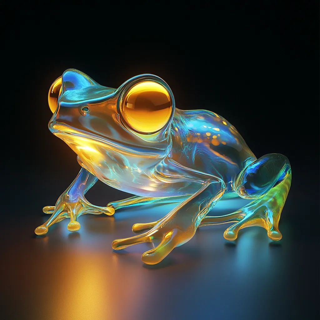 A glass frog sculpture is showcased against a dark background.  The frog's translucent body shimmers with iridescent blue and gold hues, its large, golden eyes gleaming.  The detailed rendering highlights the smooth, glassy texture and the amphibian's anatomical features.  The lighting creates a reflective surface beneath the frog, enhancing the overall artistic effect.