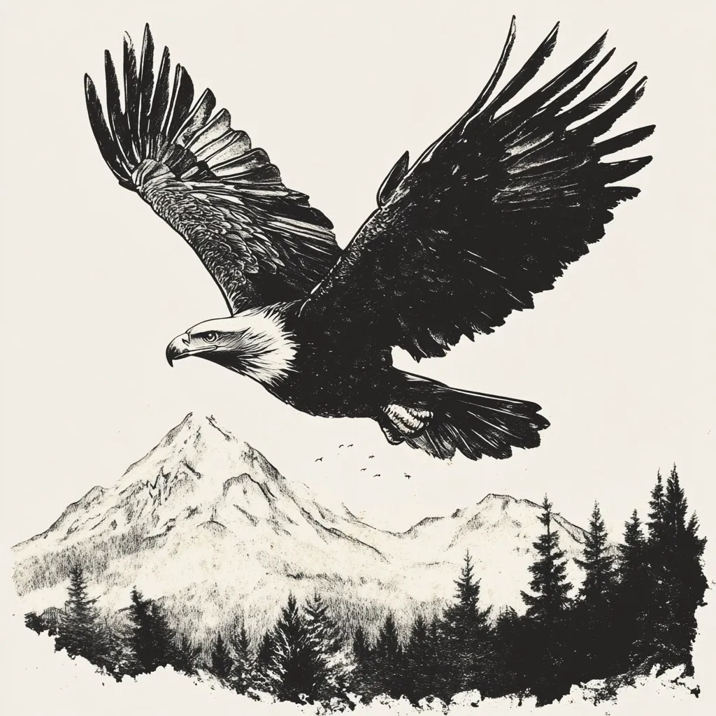 A majestic eagle soars through the sky, its wings spread wide in a dynamic flight.  Below, a snow-capped mountain range rises majestically, its peaks contrasting with the dark silhouettes of a dense evergreen forest. The black and white sketch style emphasizes the power of the eagle and the serene beauty of the wilderness.  A few small birds are visible in the distance, adding to the overall sense of scale and wildness.