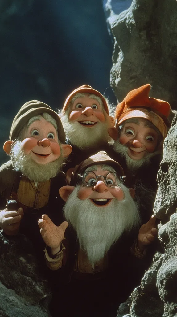 Four jovial gnomes, crafted with meticulous detail, peer out from a rocky crevice.  Their expressive faces and warm smiles convey a sense of camaraderie and playful mischief.  The gnomes' attire varies slightly, suggesting individual personalities, while their shared setting hints at a hidden, magical world.  The image evokes a whimsical and charming atmosphere.