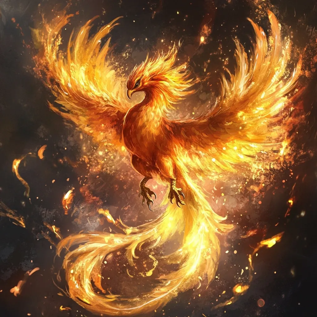 A majestic phoenix, a mythical bird of fire, is depicted in vibrant detail. Its plumage is ablaze with golden and orange flames, radiating intense energy.  The long, flowing tail feathers trail behind, leaving a fiery trail of sparks and embers. The phoenix's powerful wings are outstretched, showcasing its mythical grace and power against a dark, smoky background.