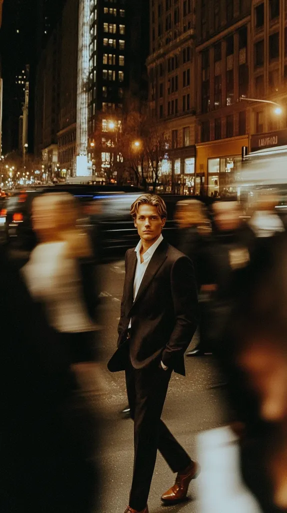 A stylish man in a dark suit walks confidently down a city street at night.  The background is blurred, emphasizing the motion of passing cars and pedestrians, creating a sense of urban energy.  Warm-toned lighting from streetlamps and building windows illuminates the scene, enhancing the sophisticated atmosphere.  The man's attire and posture convey a sense of elegance and purpose.