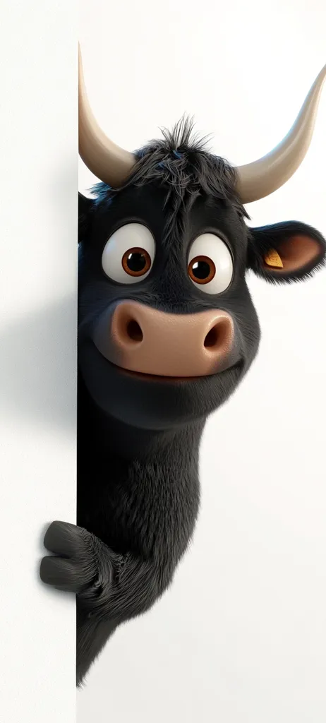 A charming cartoon bull, rendered in 3D, peeks from behind a white surface.  Its large, expressive eyes and a friendly smile create a playful and endearing image. The bull's dark, furry coat and long horns contrast against the bright background, enhancing its cartoonish appeal. The scene is simple yet effective, focusing attention on the adorable bull's curious expression.