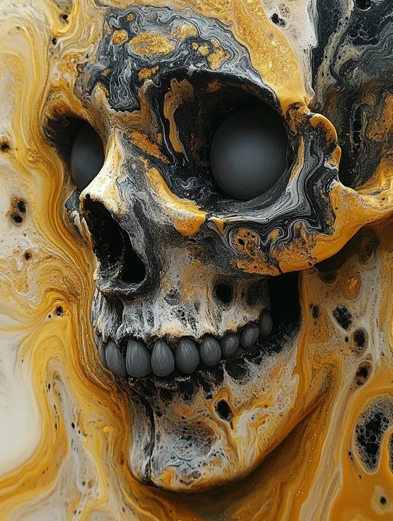A skull is depicted in a striking piece of art. The skull's surface is textured and appears to be crafted from a marbled material, predominantly black and gold with hints of white, creating a swirling effect. The skull's eye sockets are dark, adding depth to the image. The background features a similar color palette, enhancing the overall aesthetic. The artwork blends realism with an abstract, fluid style, making for a visually captivating piece.