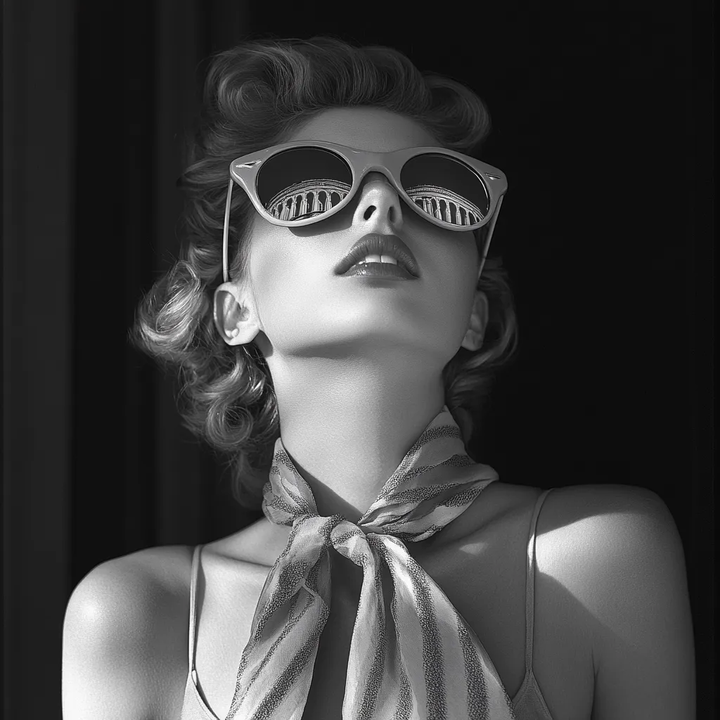 A black and white portrait of a stylish woman with short, curly hair. She wears oversized sunglasses reflecting a classical building, a striped silk scarf, and a delicate strap top.  Her pose is elegant, her gaze directed upward, creating a dramatic and sophisticated image. The lighting emphasizes her features and the texture of the scarf. The overall aesthetic is vintage glamour.