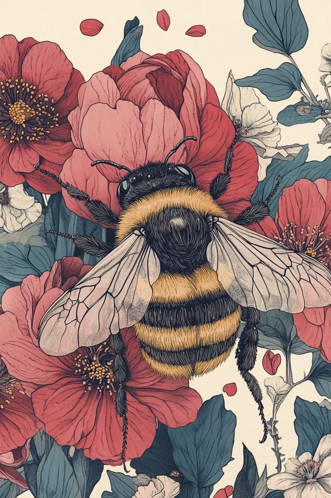 A detailed illustration showcases a bumblebee nestled amidst a vibrant array of flowers.  The bumblebee, rendered with meticulous detail, displays its fuzzy body and delicate wings.  Surrounding it are large, intricately drawn blossoms in varying shades of red and pink, complemented by smaller, white flowers and teal-toned foliage. The overall style is botanical and reminiscent of vintage illustrations.