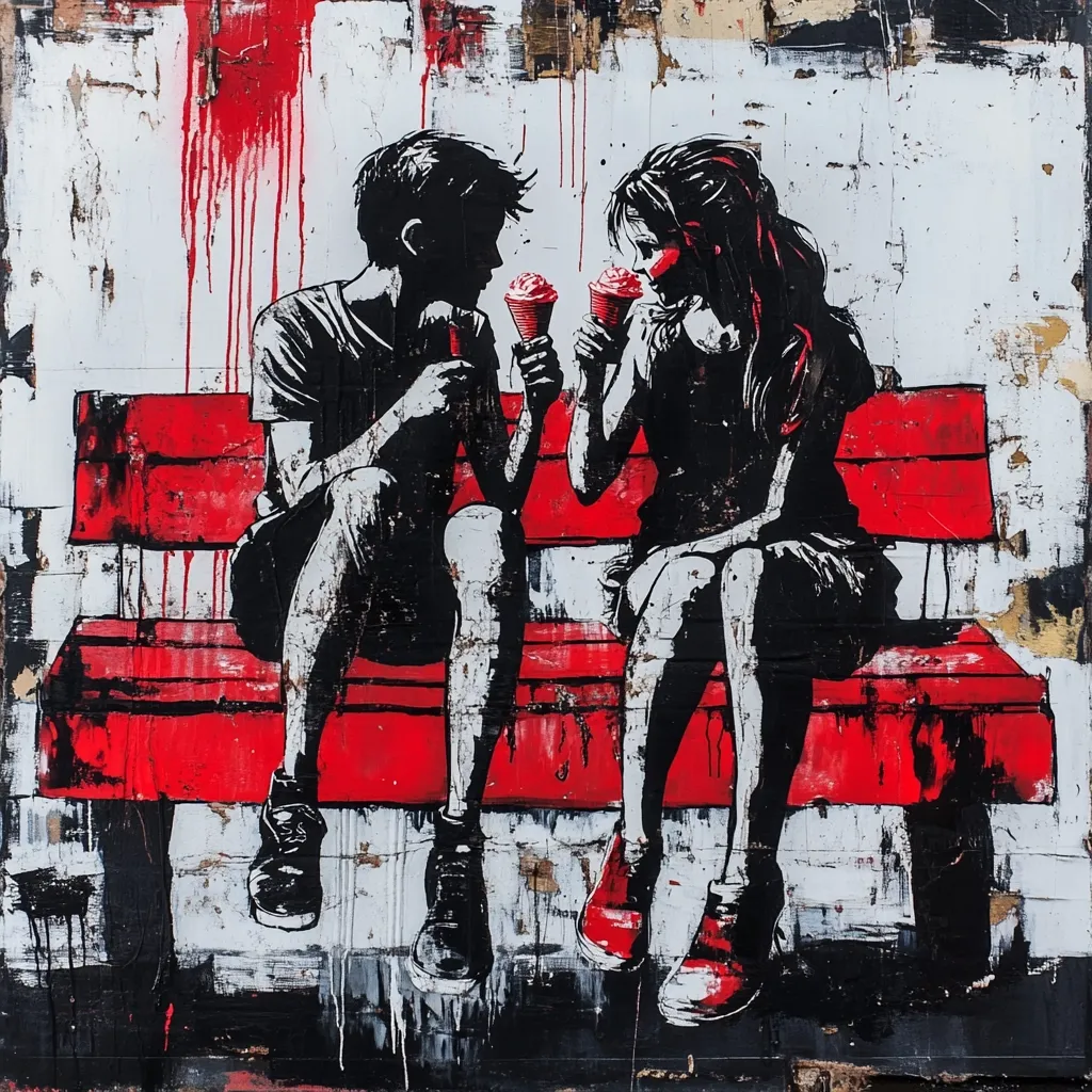 A stylized graffiti-style artwork depicts a boy and girl sitting on a red bench, sharing ice cream cones.  The figures are rendered in stark black silhouettes against a vibrant red and white background, with splashes of red paint suggesting drips or movement. The textured background adds depth and a raw, urban feel to the piece, contrasting with the intimacy of the scene.  The overall style is bold and expressive.