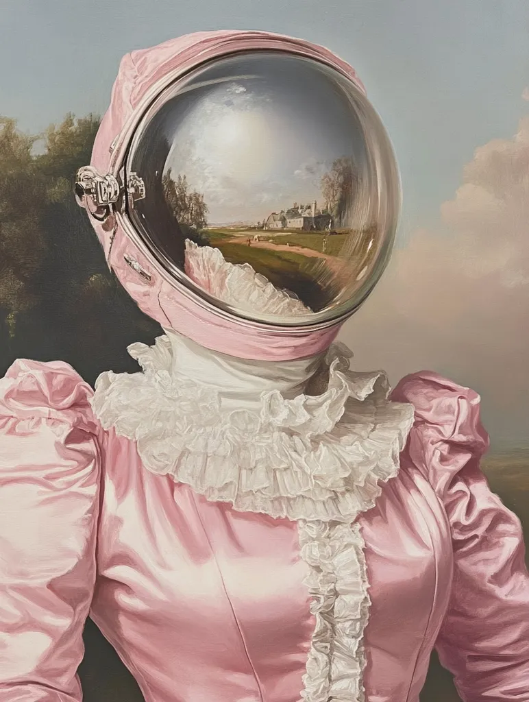 A woman in a pale pink, ruffled Victorian-style dress wears a pink astronaut helmet. The helmet's visor reflects a serene landscape with a manor house and people, creating a juxtaposition of historical fashion and futuristic technology.  The painting's style is realistic, with meticulous detail in the clothing and the reflected scene.  The overall mood is dreamlike and slightly surreal.