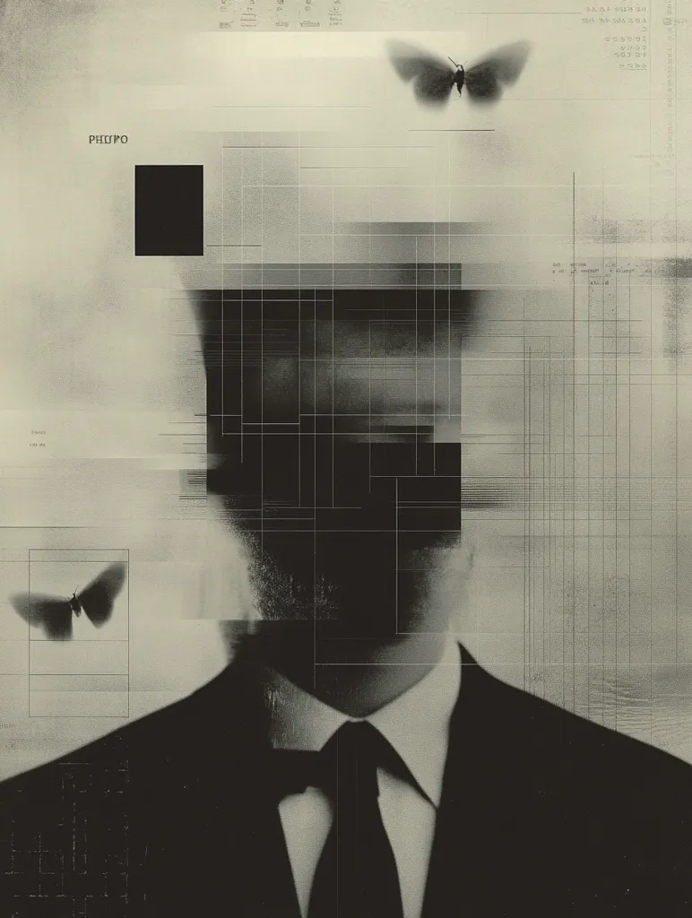 A monochromatic, abstract image depicts a man in a suit. His face is obscured by a glitch effect, layered over a grid pattern and overlaid with data fragments.  Two moths, one at the top and one to the lower left, add a surreal element. The overall mood is enigmatic and melancholic, suggesting themes of anonymity and hidden identity. The word "PHILIPPO" is subtly present in the upper left.