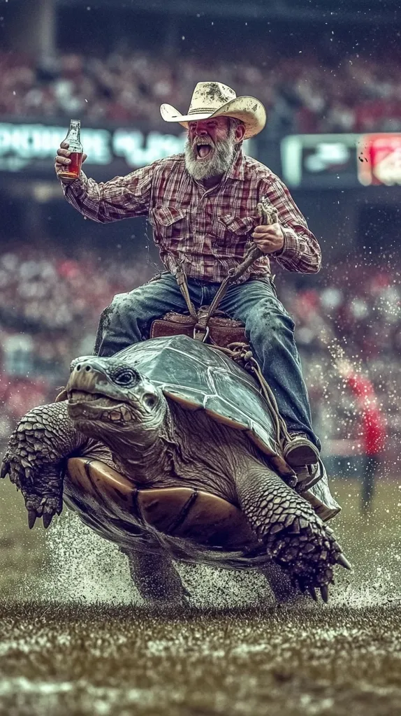A bearded man in a cowboy hat rides a giant tortoise at a stadium. He holds a bottle in one hand and the reins in the other, appearing to race or perform a stunt. Water splashes around the tortoise's legs as they move. The background is blurred, showing a large crowd in a stadium. The scene is dramatic and humorous, showcasing an unusual form of riding.