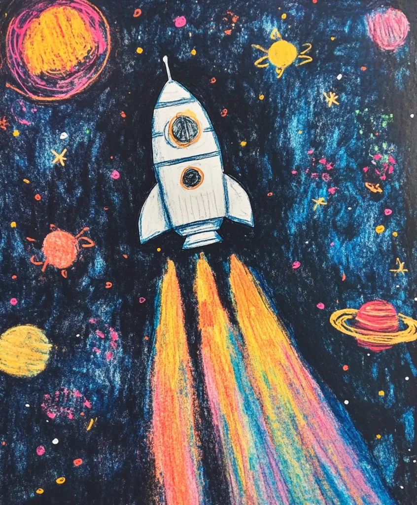 A vibrant crayon drawing depicts a rocket soaring through space.  Multicolored flames trail behind it, contrasting against a dark blue backdrop speckled with stars and planets rendered in bright hues of orange, pink, and yellow. The rocket itself is white with detailed windows, adding a childlike charm to the cosmic scene.  The overall style is energetic and whimsical.