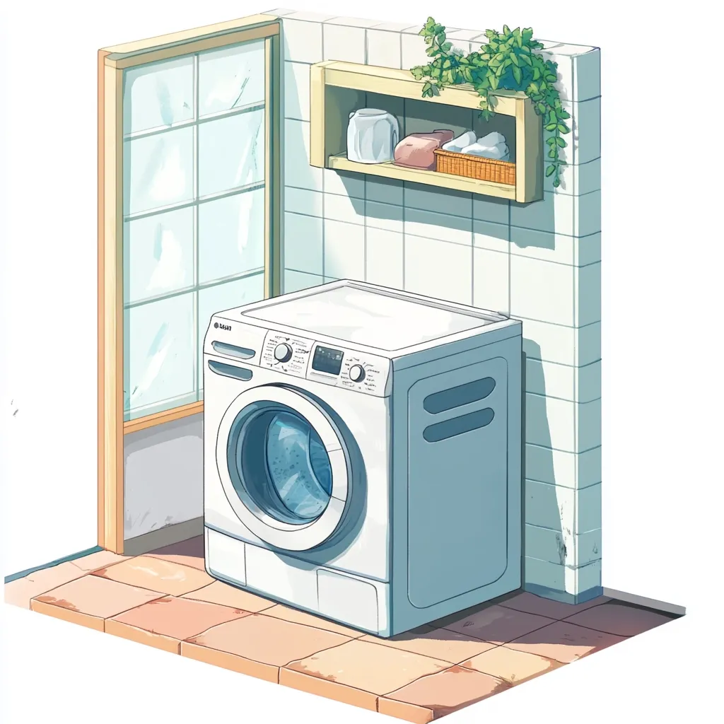 A cartoon illustration depicts a white washing machine in a small, sunlit laundry room.  The room features tiled walls, a small wooden shelf with plants and laundry items, and a partially visible window. The scene is bright and cheerful, suggesting a clean and organized space. The washing machine is the central focus, with its control panel and door clearly visible.