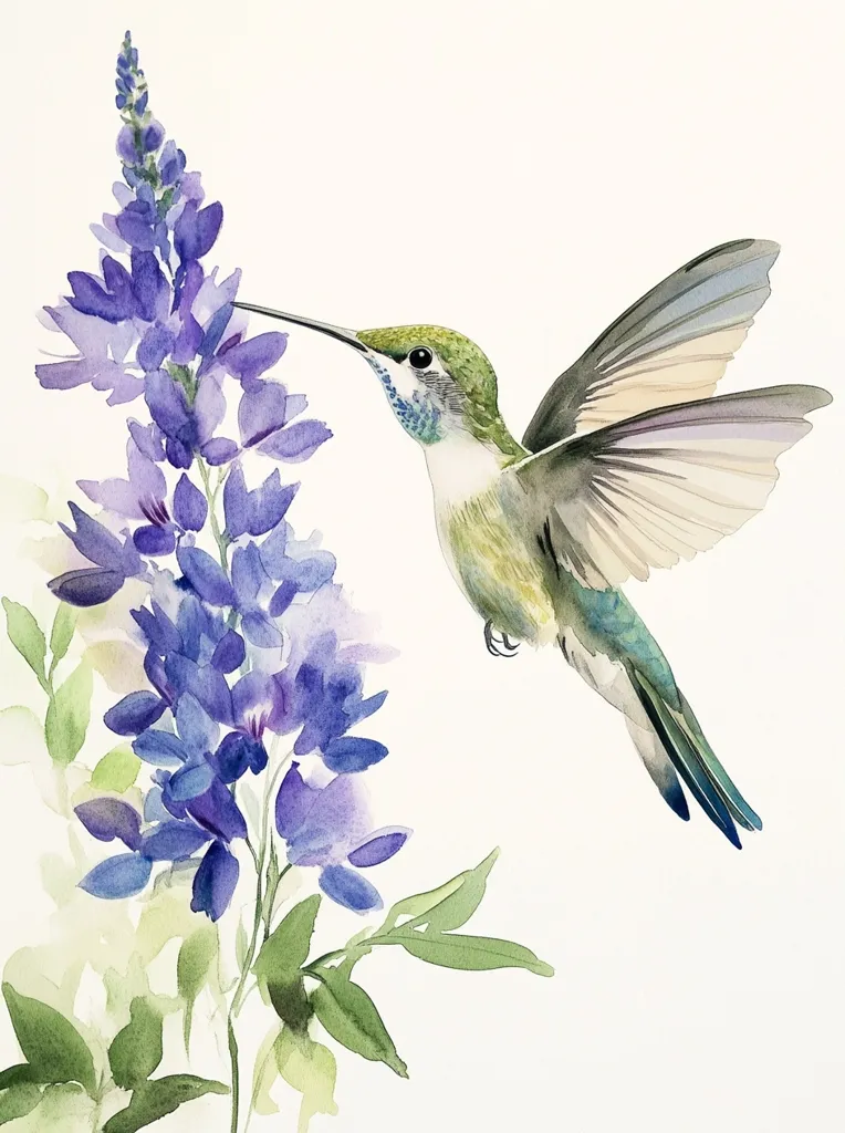 A watercolor painting depicts a hummingbird in flight, its long beak delicately touching a cluster of vibrant purple flowers.  The hummingbird's wings are outstretched, showcasing intricate detail in its feathers.  The flowers, possibly lupine, are rendered with soft, translucent washes of color, contrasting beautifully with the bird's sharper definition. The overall style is elegant and serene, emphasizing the delicate beauty of nature.