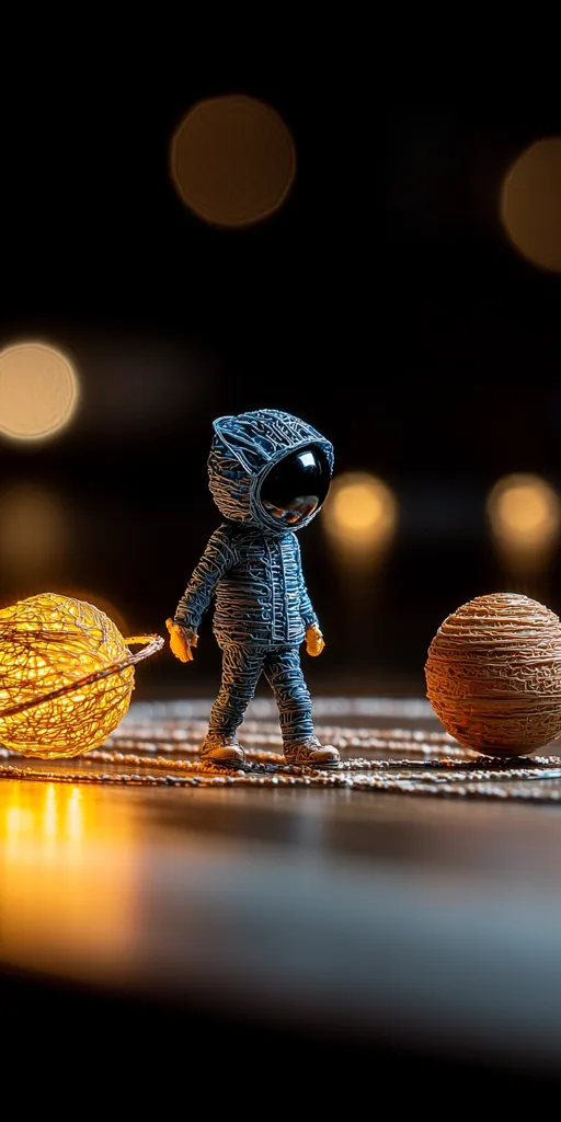 A miniature astronaut figurine, crafted from a blue, textured material, stands between two illuminated spherical objects resembling planets.  The scene is set against a dark background speckled with bokeh lights, creating a whimsical and otherworldly atmosphere. The astronaut appears to be traversing a path of light, adding to the surreal narrative of the image.