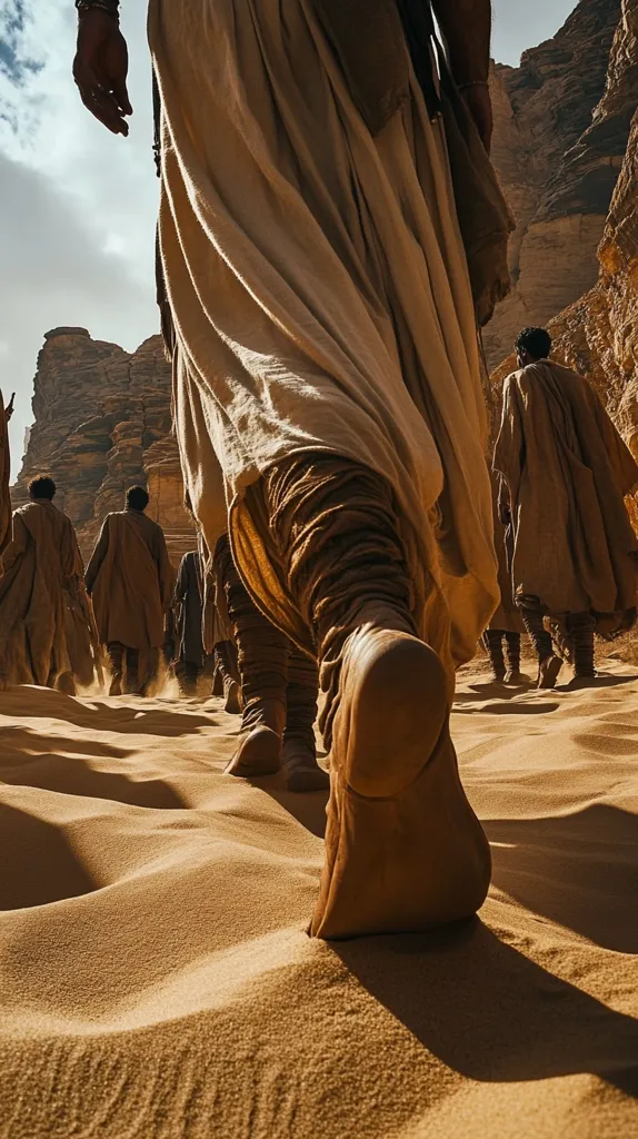 A low-angle close-up shows a person's legs and feet walking through a sandy desert.  The individual is wearing long, flowing beige robes and sturdy boots.  Behind them, a group of similarly dressed figures traverse the dunes under a partly cloudy sky, creating a dramatic, cinematic scene. The rocky desert landscape provides a stark backdrop.