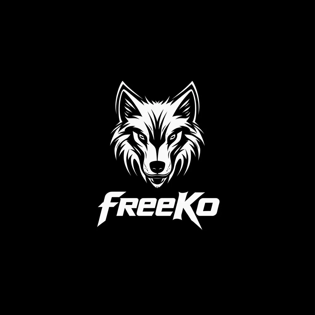 A logo featuring a stylized white wolf's head against a black background.  The wolf has a fierce expression. Below the wolf's head, the word "FreeKo" is written in a bold, stylized white font. The overall design is sharp and impactful, suggesting strength and freedom.
