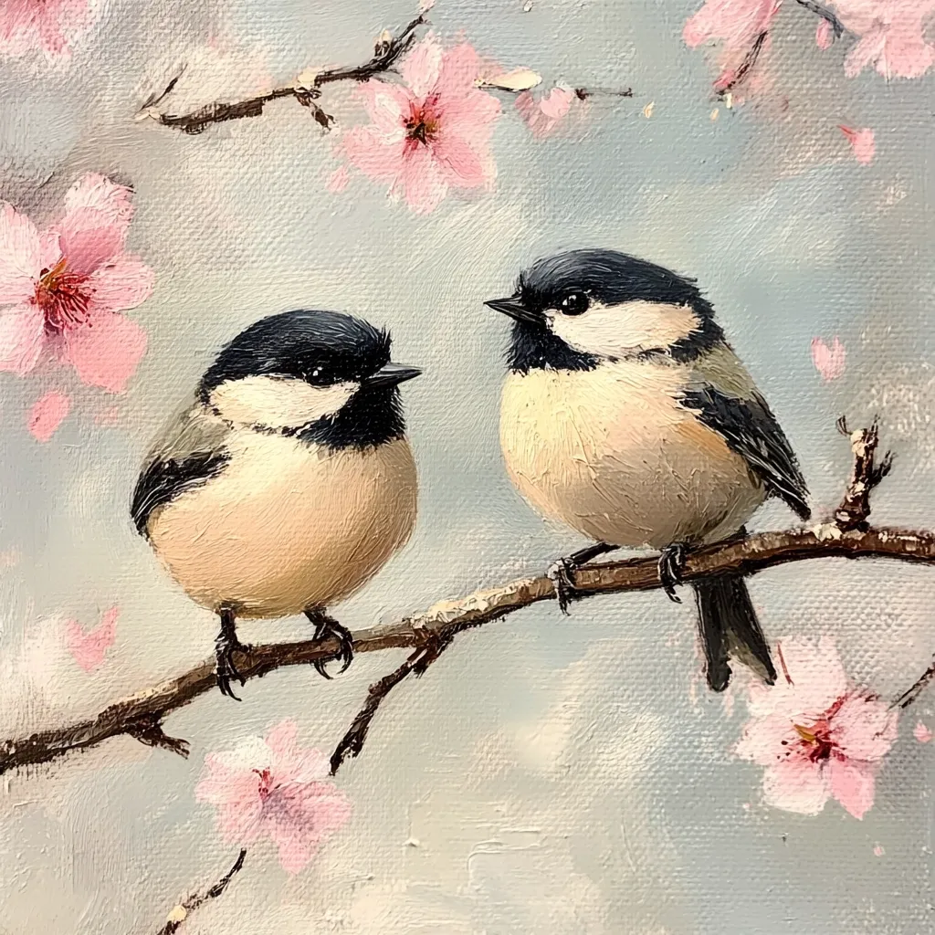 A charming painting depicts two plump, fluffy birds perched on a delicate branch adorned with blossoming pink cherry flowers.  The birds, possibly chickadees, are rendered with soft, impasto brushstrokes, their black caps and creamy bodies contrasting beautifully against the light blue-grey background.  The overall effect is one of gentle serenity and springtime beauty.