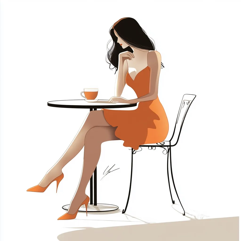 A stylish woman in an orange dress sits at a small, round outdoor table.  She holds a cup of tea and gazes downward pensively.  Her long legs are elegantly crossed, and she wears orange high-heeled shoes. The scene is minimalistic and subtly evokes a feeling of quiet contemplation.