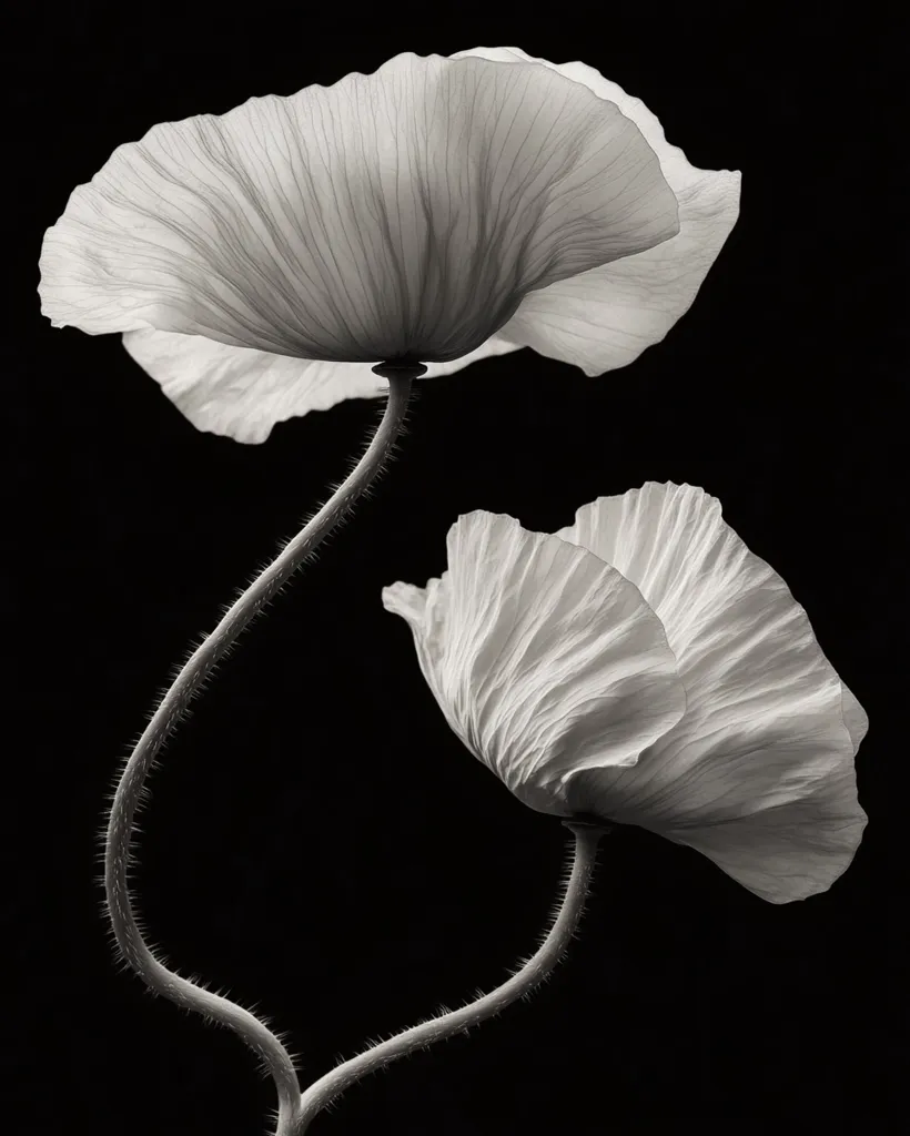 A black and white close-up photograph showcases two delicate poppies against a stark black backdrop.  Their translucent petals are intricately detailed, revealing a delicate texture.  The slender stems curve gracefully, creating an elegant, almost abstract composition.  The image emphasizes the flowers' ethereal beauty and fragility.