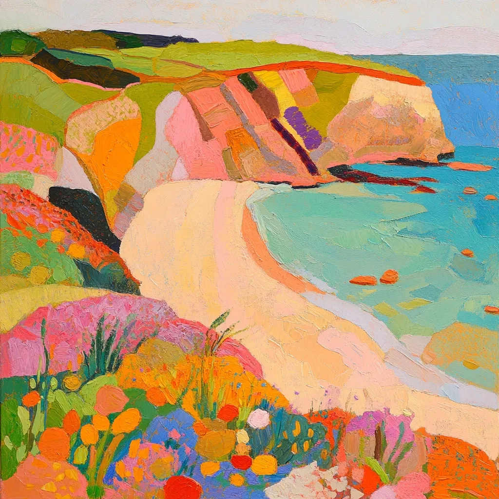 A vibrant, impressionistic painting depicts a secluded cove.  Brightly colored cliffs, rendered in strokes of orange, pink, and green, frame a crescent of pale sand meeting turquoise water.  The foreground bursts with wildflowers in a riot of warm hues, contrasting with the cooler tones of the sea.  The style is loose and expressive, emphasizing texture and color over precise detail.
