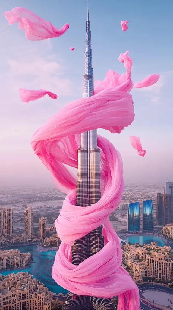 The Burj Khalifa in Dubai is artistically depicted, swathed in a swirling, voluminous pink fabric.  Smaller pieces of the same pink material float in the air around the iconic skyscraper, creating a dreamy, surreal atmosphere. The city skyline of Dubai, with its modern architecture and waterways, provides a backdrop to this striking image.