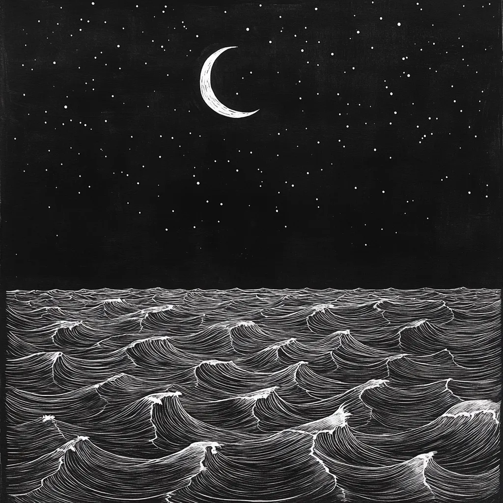 A minimalist black and white illustration depicts a tranquil nighttime seascape.  A crescent moon hangs in a star-studded sky above gently rolling waves.  The detailed linework of the waves contrasts with the simple representation of the celestial bodies, creating a serene and atmospheric scene.  The overall style evokes a sense of calm and mystery.