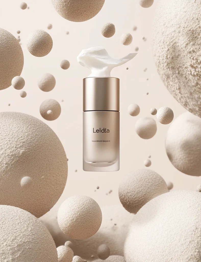 A bottle of Lelda skincare product is shown in the center, with a swirl of cream atop.  The bottle is gold and beige, and the background features numerous soft, textured spheres in a similar color palette, creating a luxurious and airy aesthetic. The image suggests a light and moisturizing skincare product.