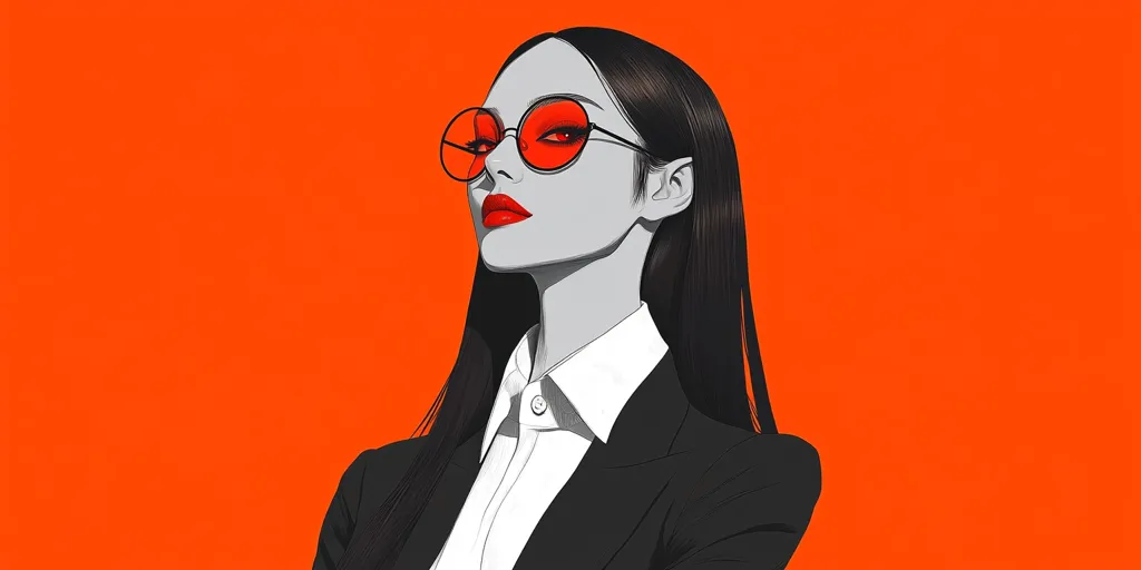 A stylized illustration of a woman with long black hair, wearing a black suit and white collared shirt.  She sports large, round red sunglasses and bright red lipstick against a vibrant orange background. The monochromatic grayscale of her features contrasts sharply with the bold color choices, creating a striking visual impact.  Her expression is serious and confident.