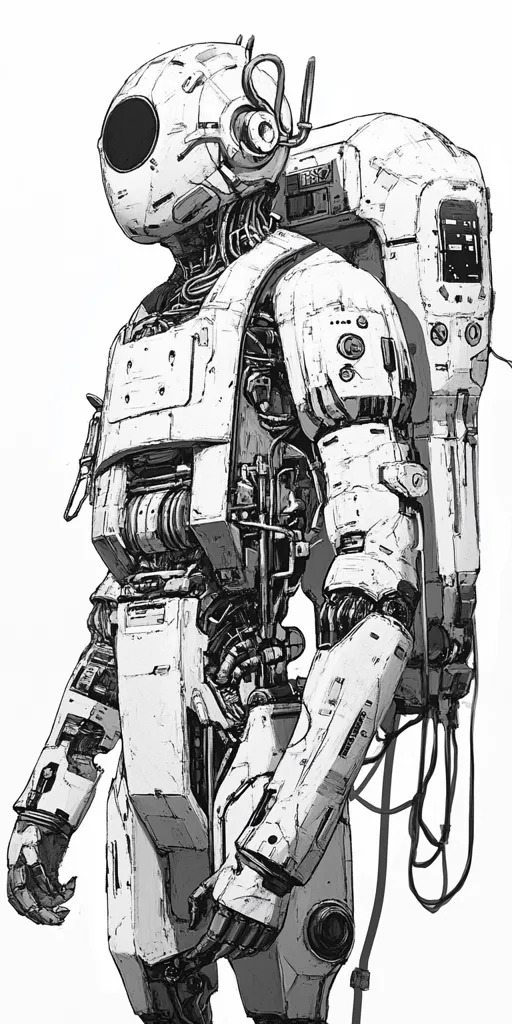 A detailed grayscale illustration depicts a robot, meticulously rendered with visible mechanical components.  Its design is intricate, showcasing exposed wiring and joints. The robot's head features a large, circular eye, and it carries a backpack-like structure with additional technological details. The overall style is reminiscent of science fiction and industrial design. The image highlights the robot's complex, almost organic, mechanical construction.