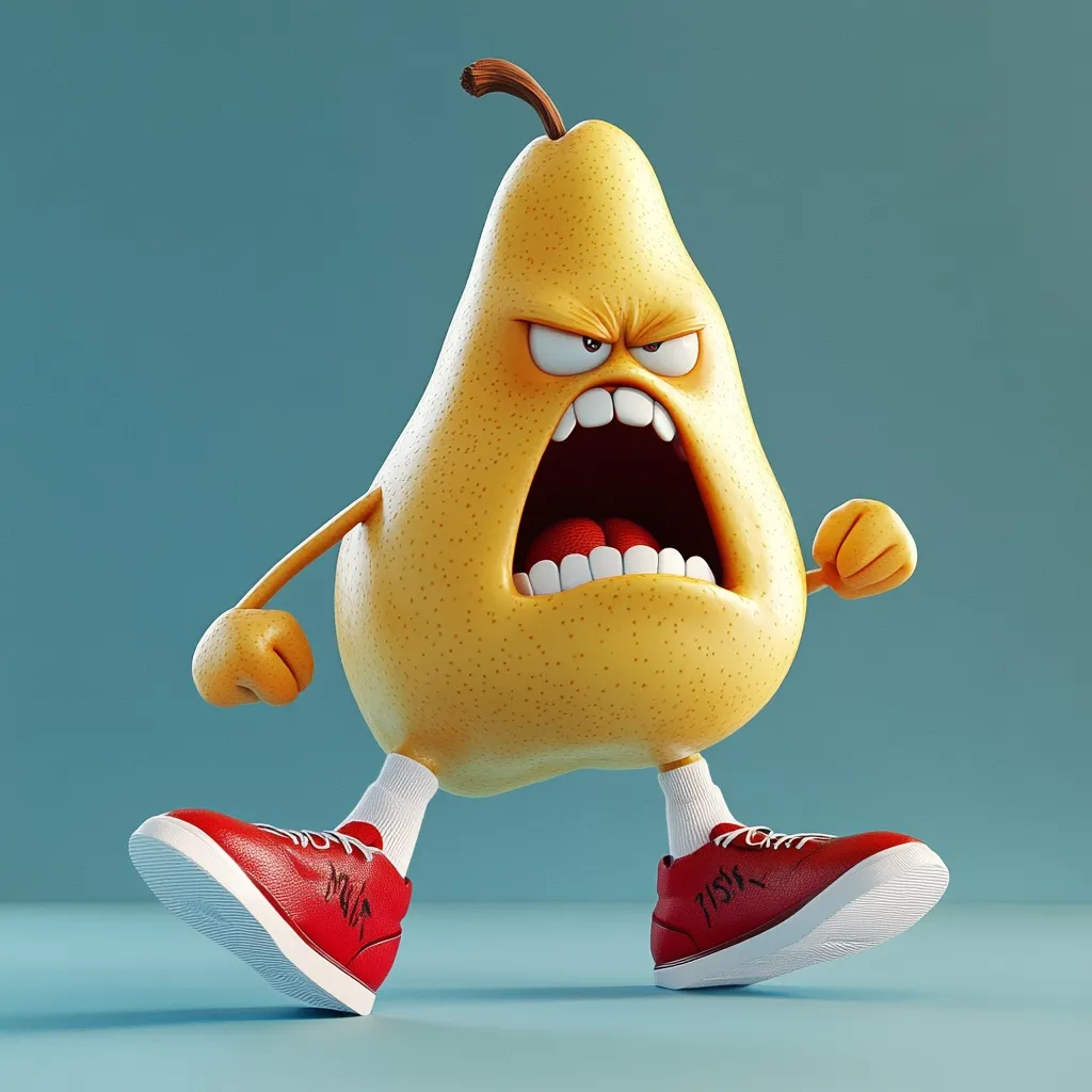 A 3D-rendered cartoon pear, bright yellow with a textured skin, is depicted in a furious expression.  Its mouth is wide open in a yell, teeth bared, and its fists are clenched.  The pear character wears red sneakers with white soles and short white socks, striding forward aggressively against a muted teal background.  The overall style is playful yet slightly menacing.