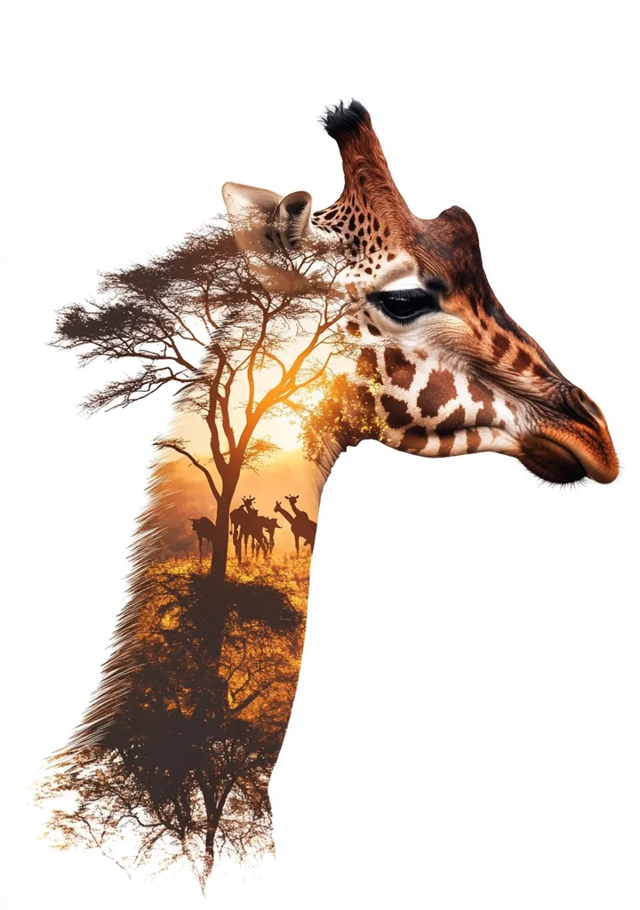 A stunning double exposure image showcases a giraffe's head and neck seamlessly blended with a vibrant African savanna sunset.  Silhouetted acacia trees and a herd of giraffes are visible within the giraffe's form, creating a powerful and evocative representation of the animal's natural habitat. The warm tones of the sunset contrast beautifully with the giraffe's patterned coat.