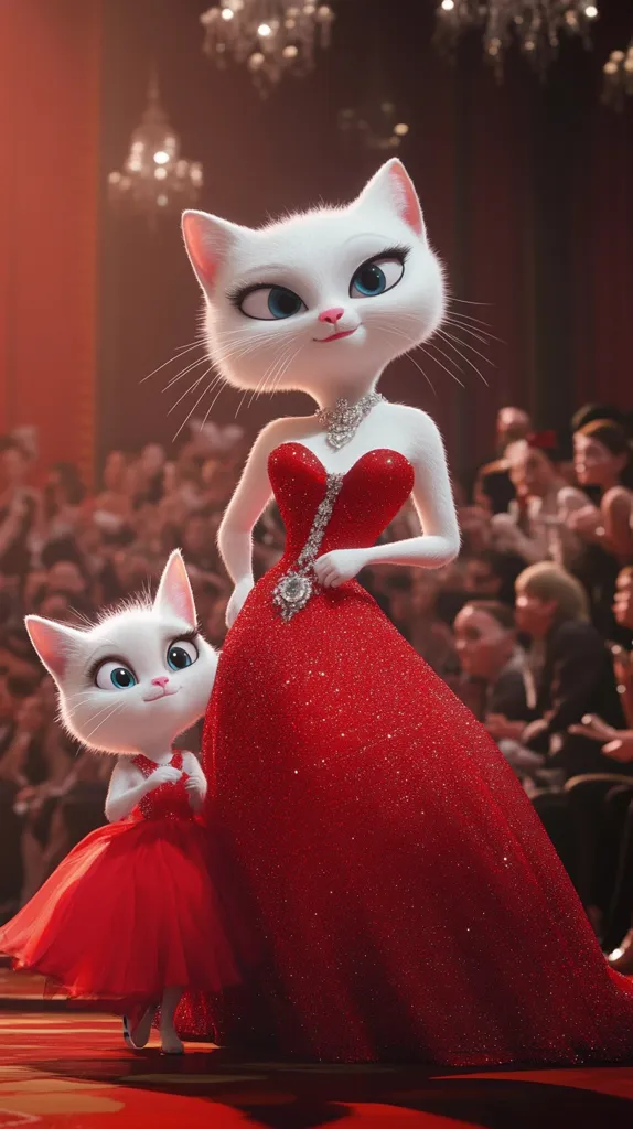 Two elegant white cats, mother and daughter, are depicted in stunning red gowns. The mother cat, in a long, sparkling red dress, stands proudly, showcasing a diamond necklace.  Her daughter wears a matching, shorter dress, mirroring her mother's poise.  They are positioned on a red carpet before a blurred background of an audience, creating a glamorous, fairytale-like scene.