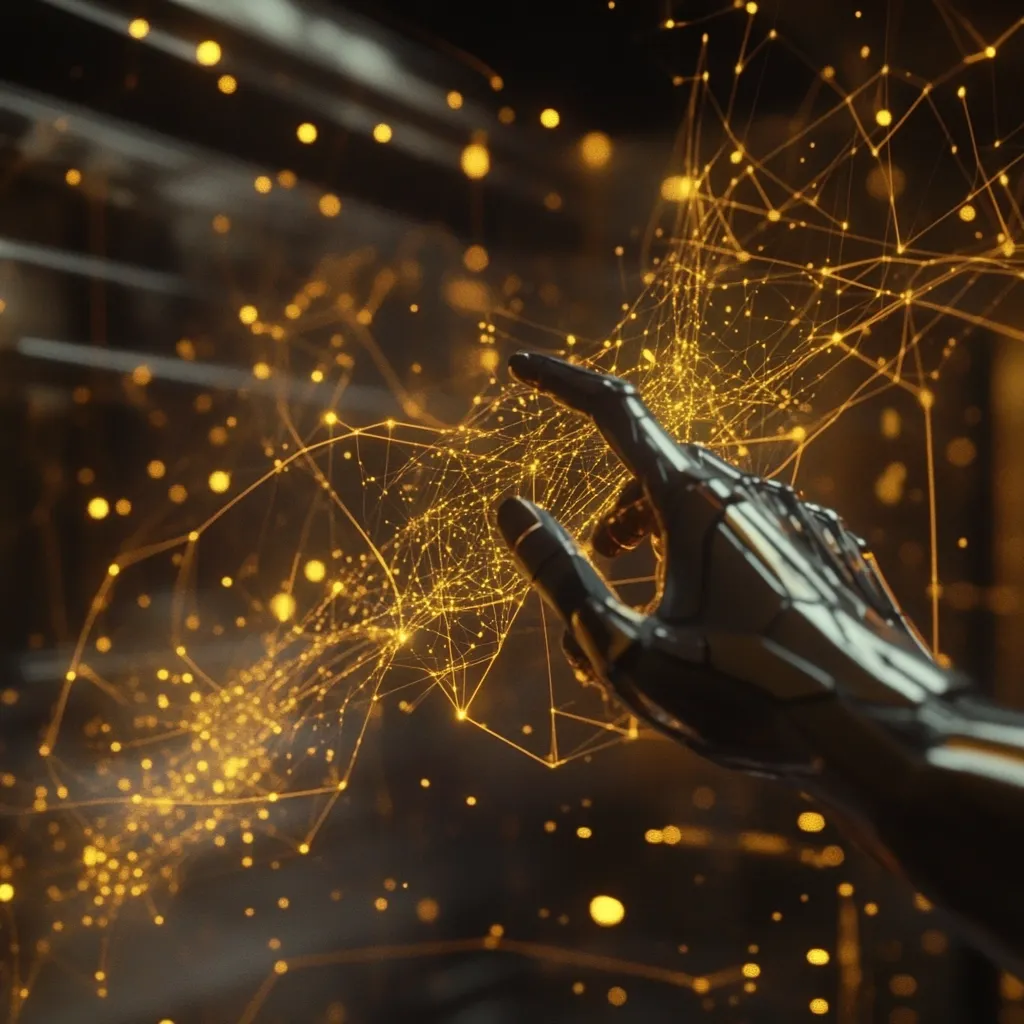 A robotic hand, sleek and metallic, interacts with a luminous, golden network of interconnected points.  The hand appears to be gently manipulating or exploring this digital structure, which floats in a dark, atmospheric space.  The image evokes themes of technology, artificial intelligence, and the interconnectedness of data.  Golden particles sparkle, adding to the futuristic and visually striking scene.